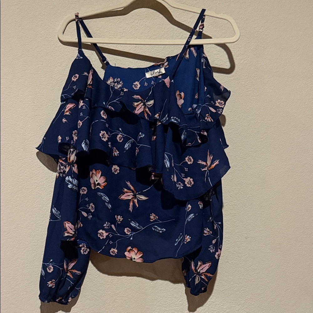 Elegant Navy Floral Ruffle Blouse
